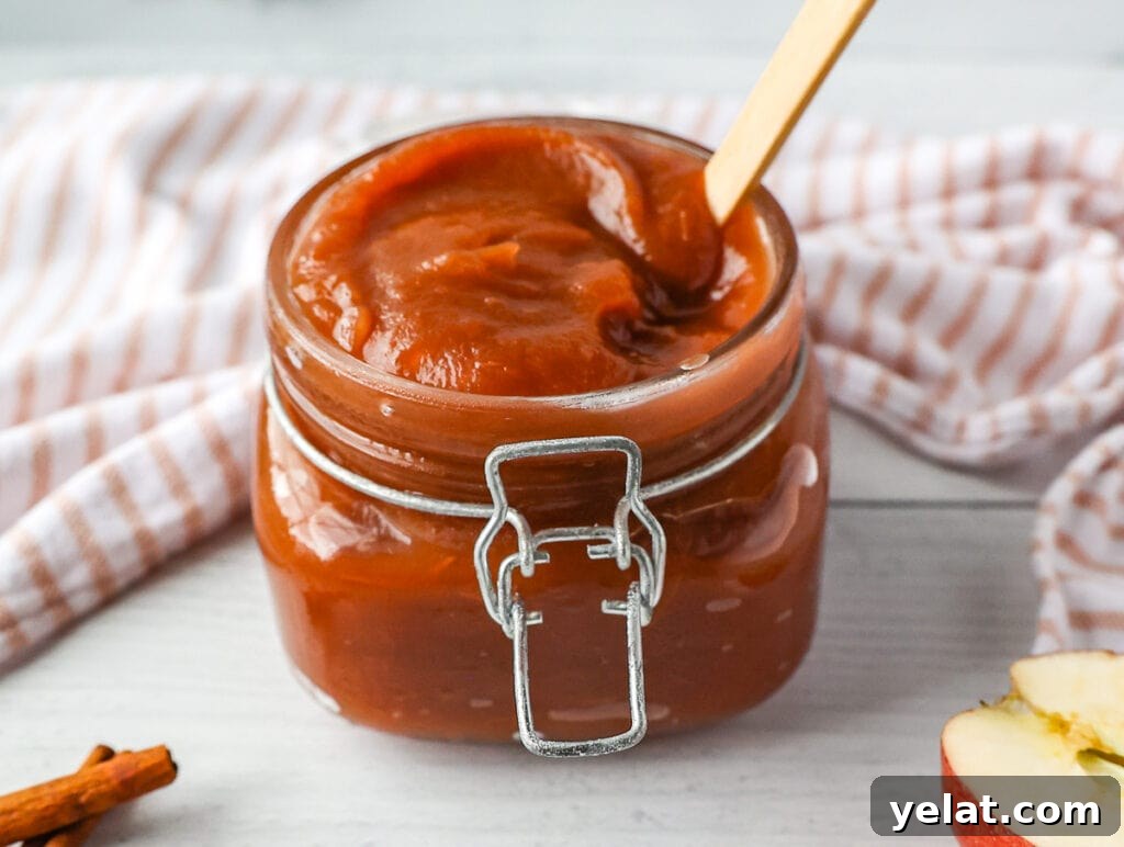 Your finished apple butter will thicken as it cools in the fridge