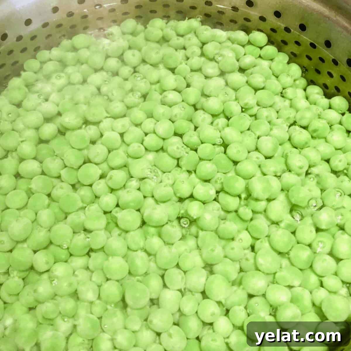Fresh green peas being washed with cold water in a large bowl.