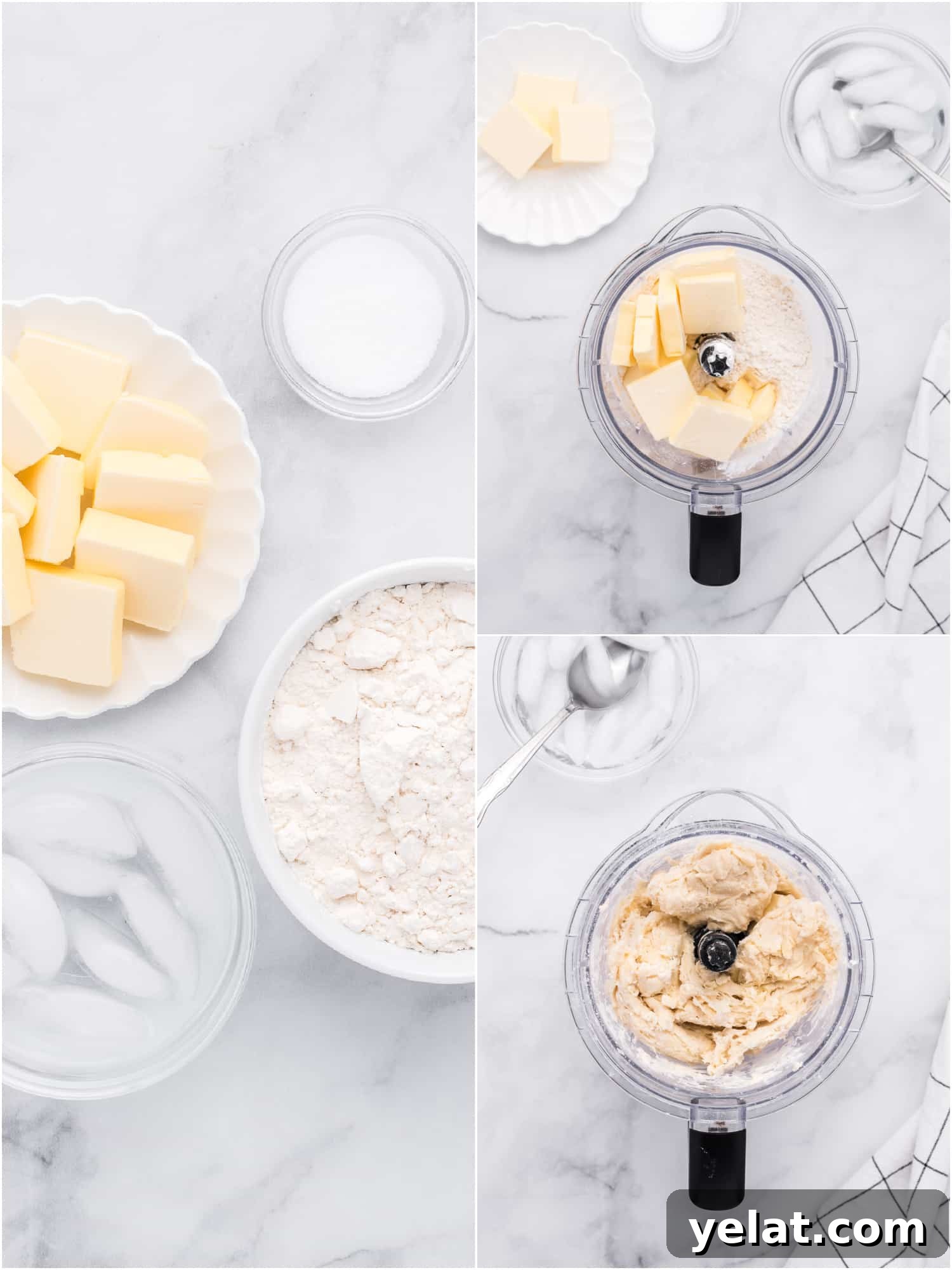 Collage showing ingredients and steps to make homemade crust.