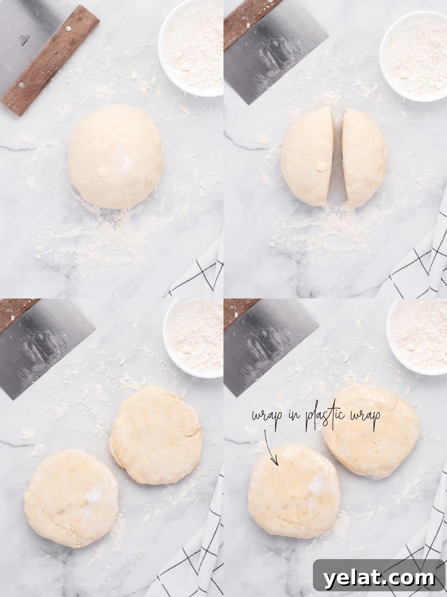 Step-by-step images of forming and wrapping pie dough.