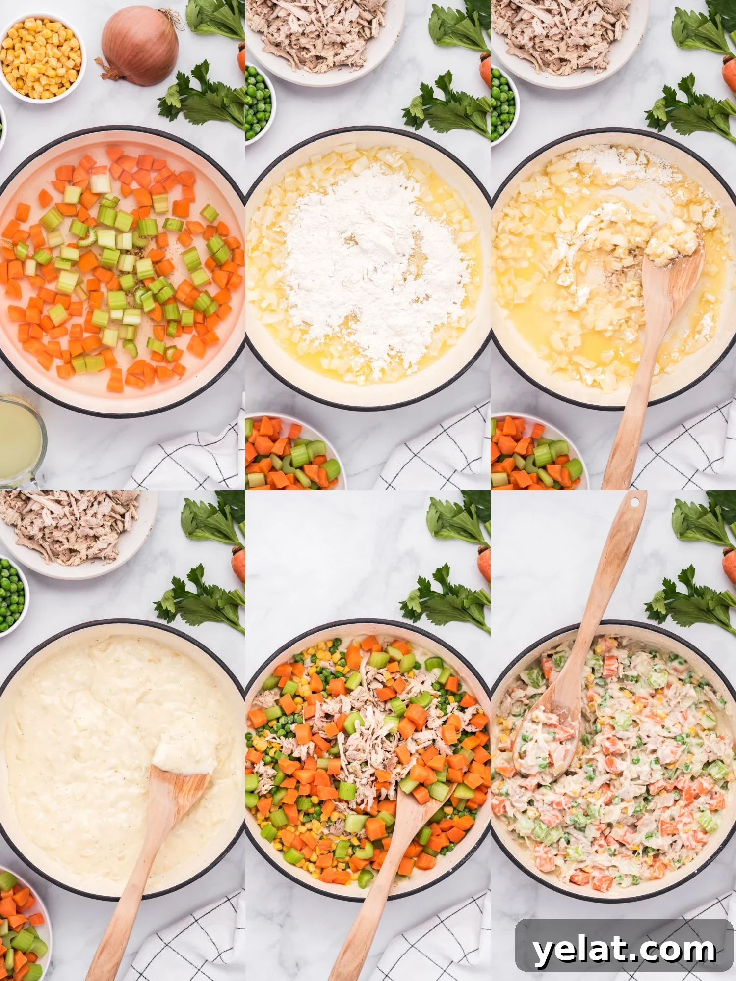 Collage showing steps to prepare the chicken filling.