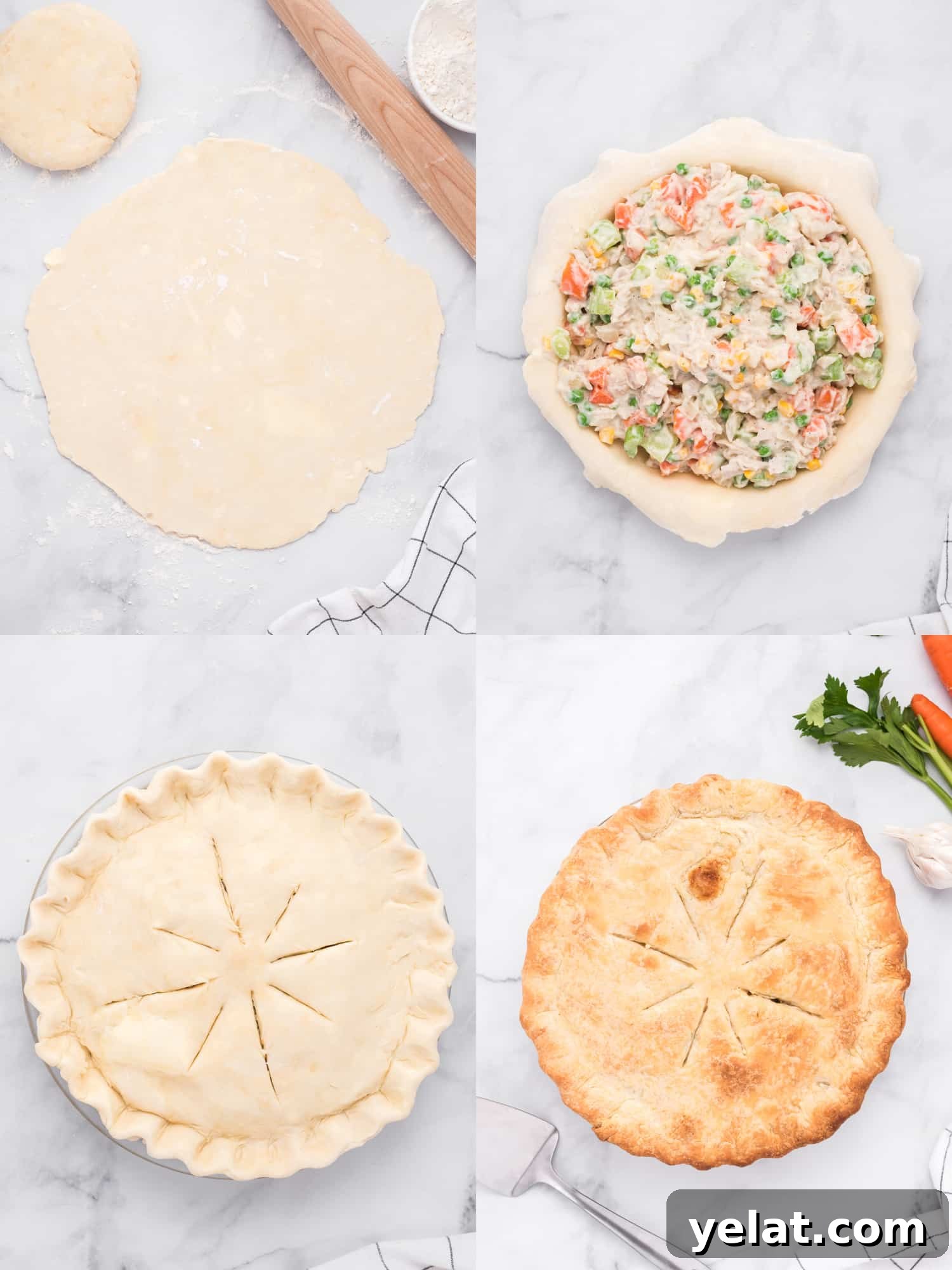 Assembly collage of a homemade chicken pot pie.