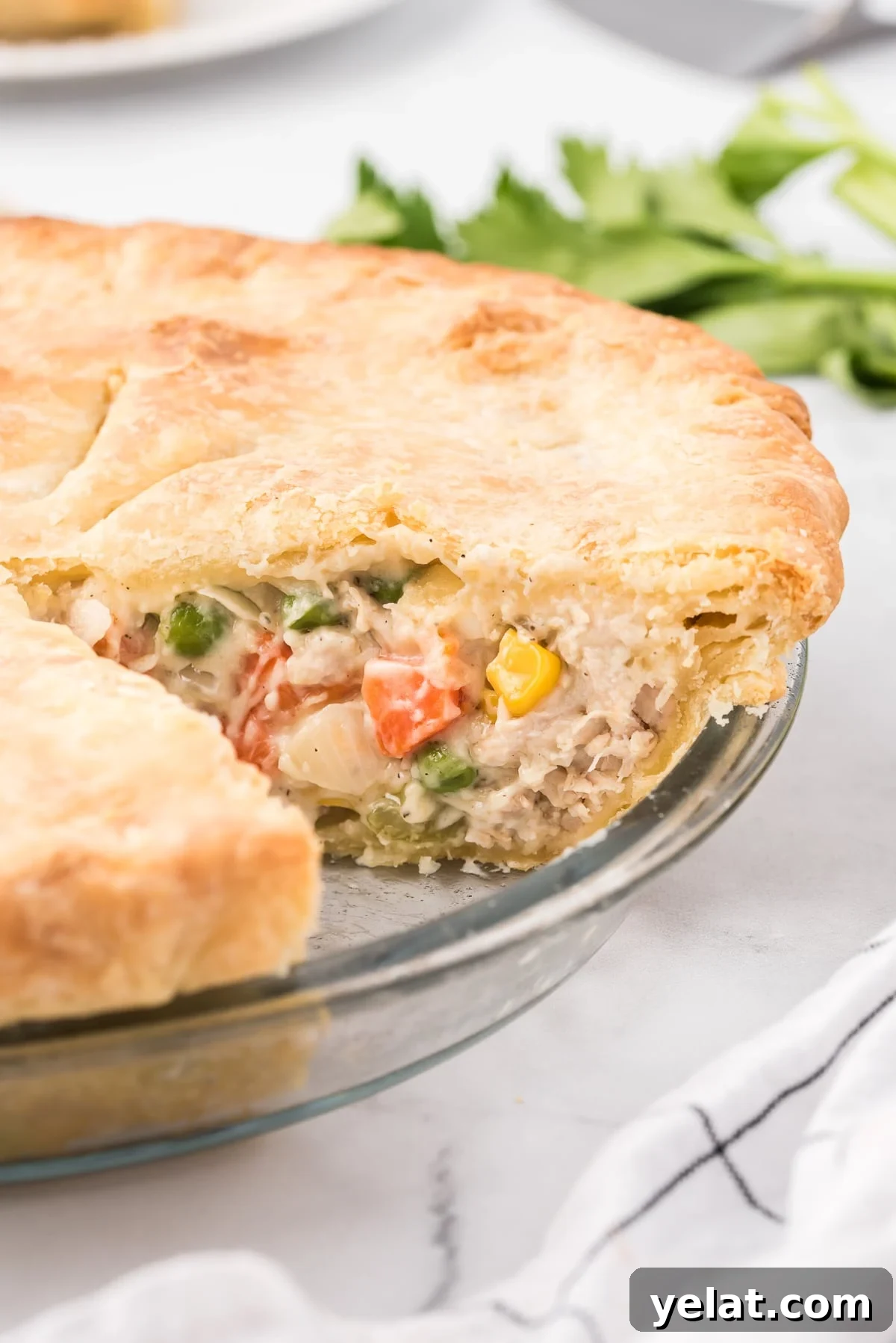 Side angle image of baked chicken pot pie with a small slice removed.