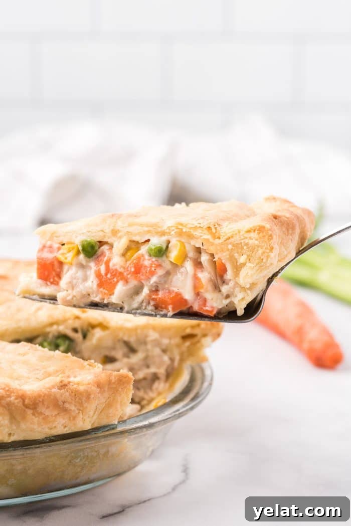 Image of a single slice of chicken pot pie being removed from the whole pie.