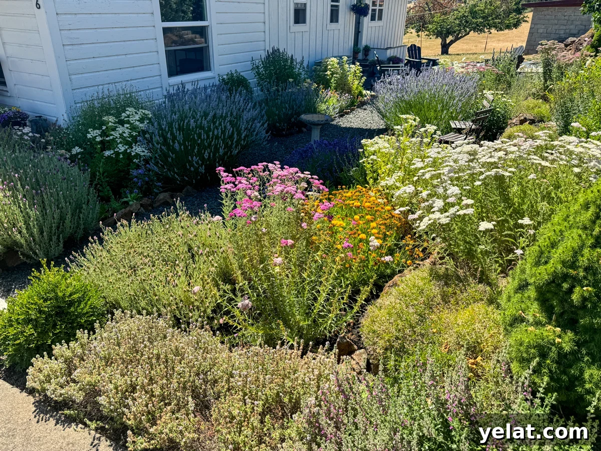 July 2024 flower and herb garden that's deer resistant next to white farmhouse