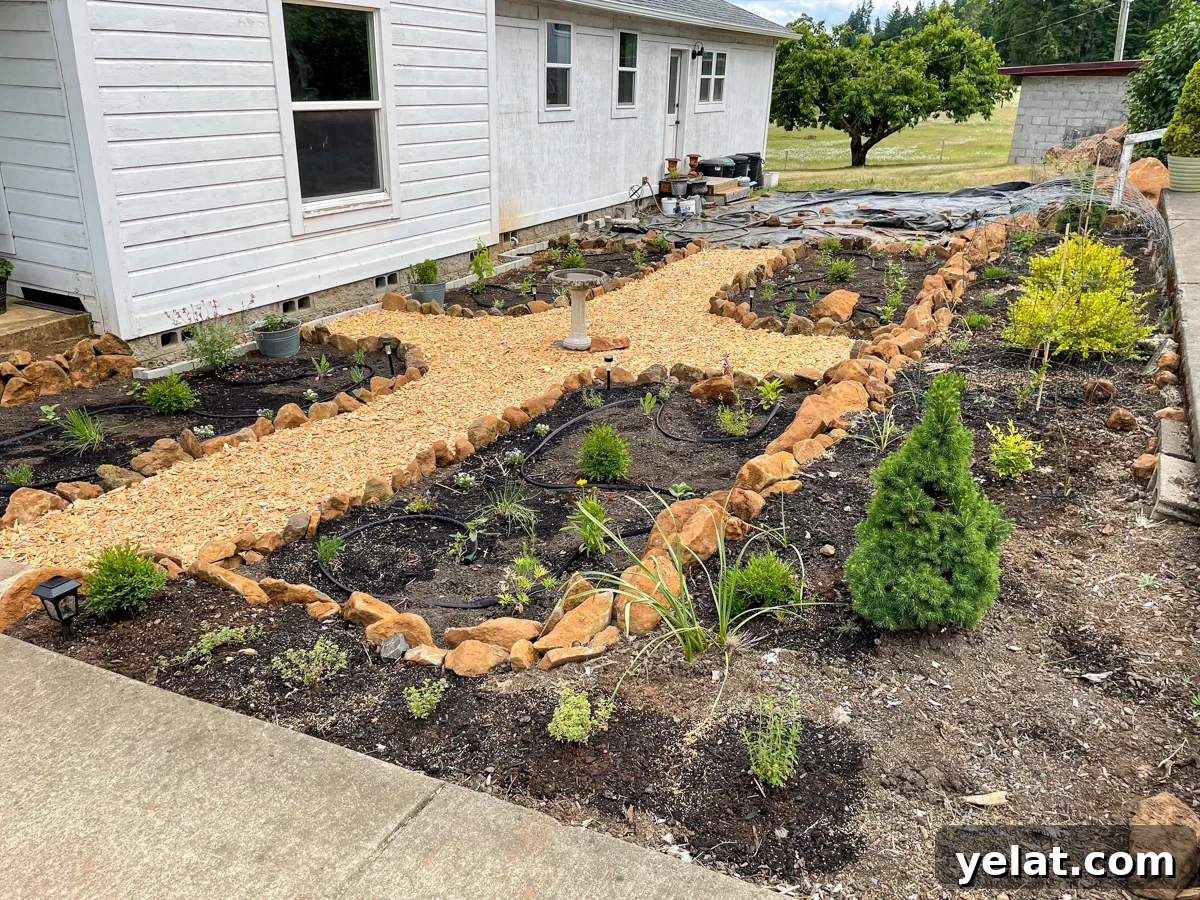 newly planted herb and flower garden with wood chip paths.