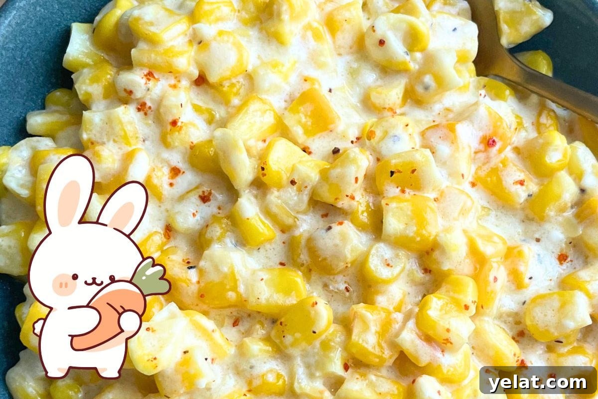 12 Crowd-Pleasing Easter Crockpot Recipes for a Stress-Free Holiday 14 A close-up of a creamy corn dish featuring yellow corn kernels, with a cartoon bunny holding a carrot in the corner.