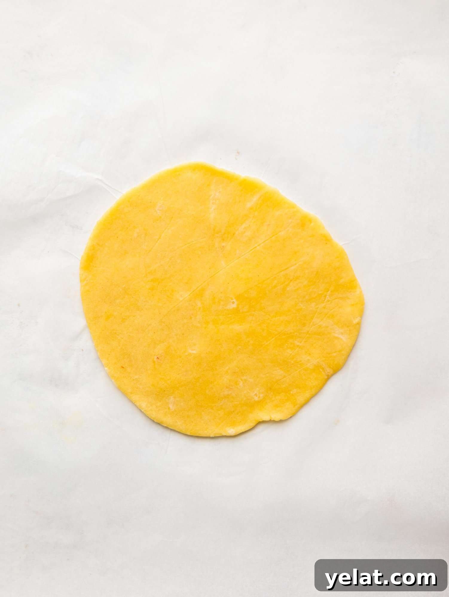 An empanada disk on a sheet of parchment paper.