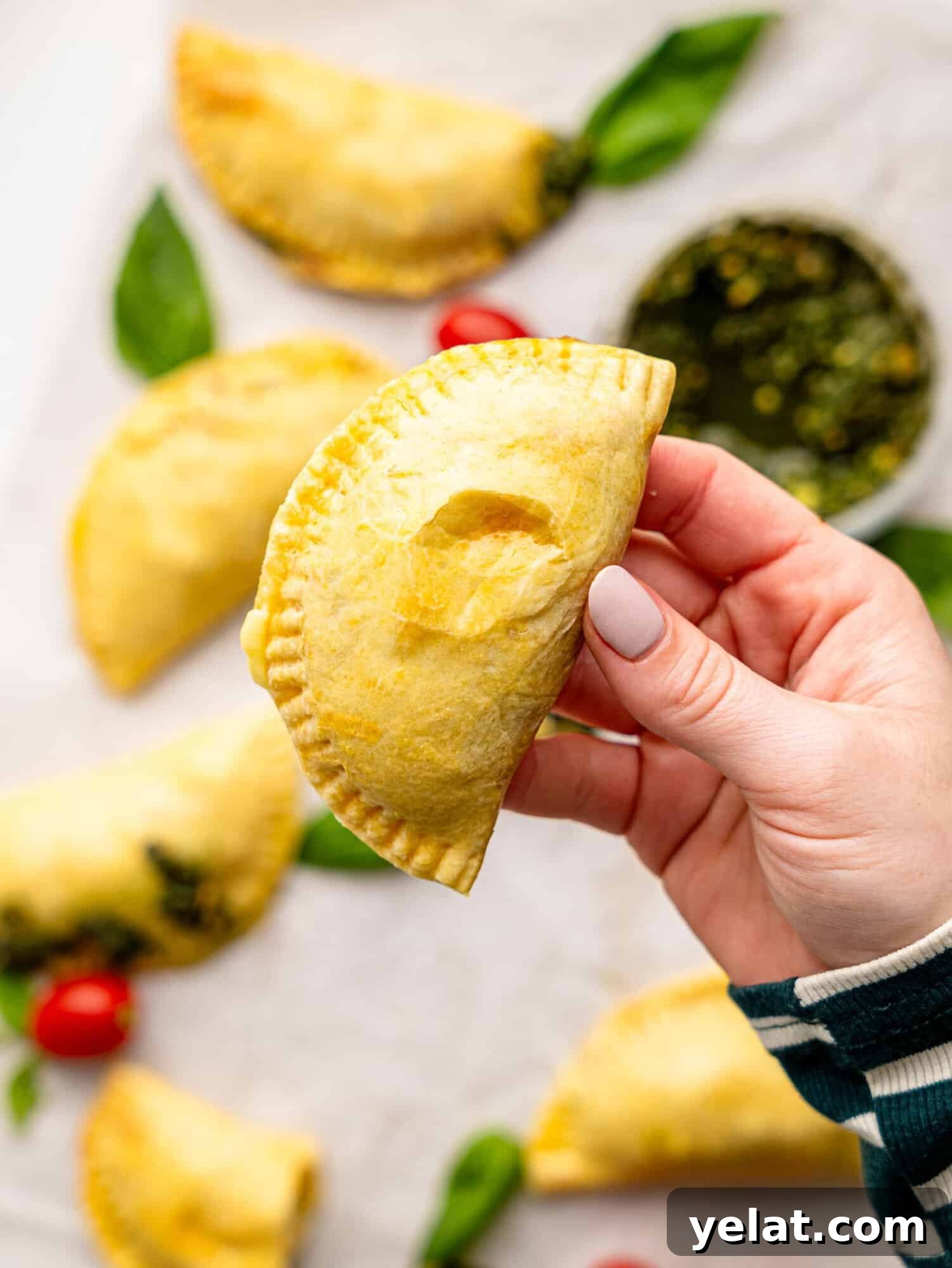 Someone holding an empanada.