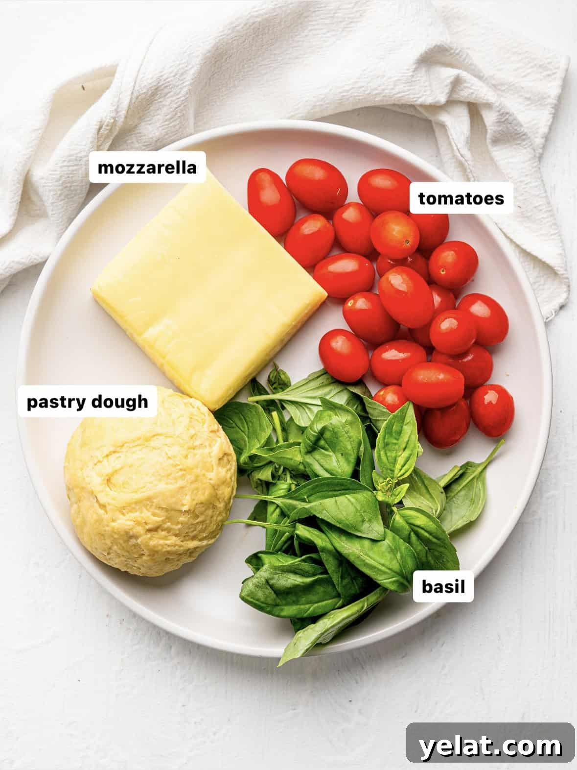 Empanada dough, mozzarella, basil and tomatoes on a white plate.