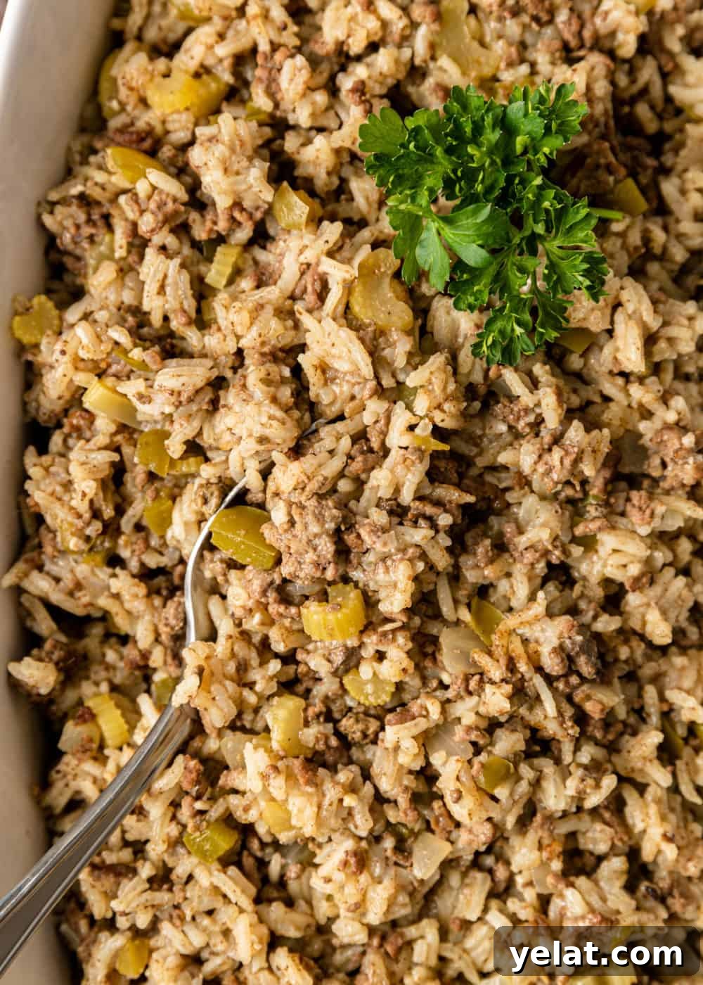 Authentic Cajun Dirty Rice Recipe: Flavorful One-Pot Meal 6 close up image of dirty rice recipe in a serving bowl with serving spoon