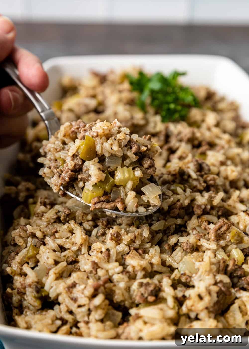Authentic Cajun Dirty Rice Recipe: Flavorful One-Pot Meal 7 close up image of Cajun rice side dish above the serving bowl