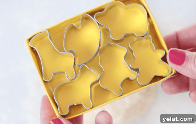 Homemade Circus Animal Cookies Recipe for Crunchy Iced Treats 6 hand holding box of small animal cookie cutters