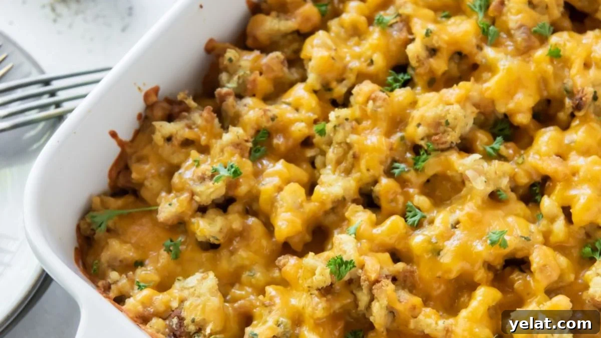 Broccoli stuffing casserole in white baking dish.