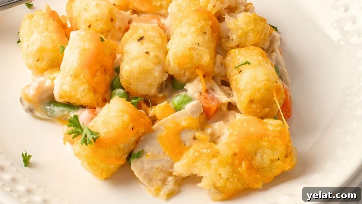 Chicken tater tot casserole in a baking dish.