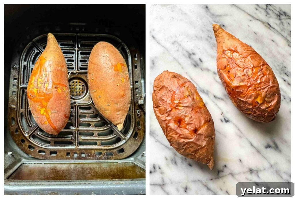 Crispy Air Fryer Sweet Potato (Simple Baked Style) 3 Process shots of sweet potato being put into air fryer and coming out baked