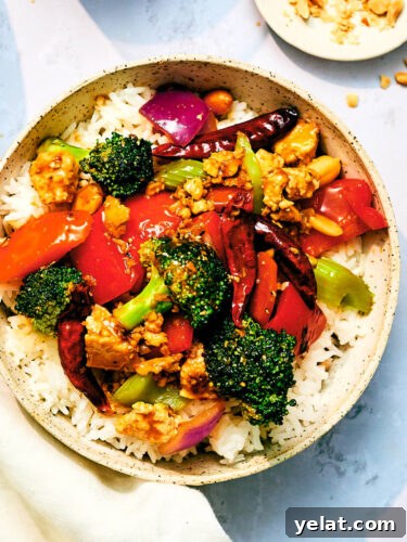 Spicy Kung Pao Tofu with Stir-Fried Vegetables 15 A bowl of Kung Pao Vegetables with Tofu and rice.