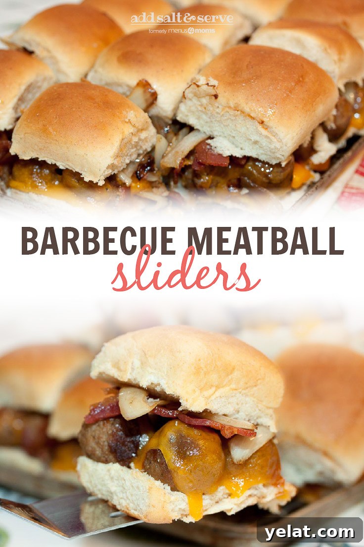 Composite image: pan of Barbecue Meatball Sliders and a close-up of a Hawaiian roll with meatballs, melted cheddar, bacon, and sautéed onions
