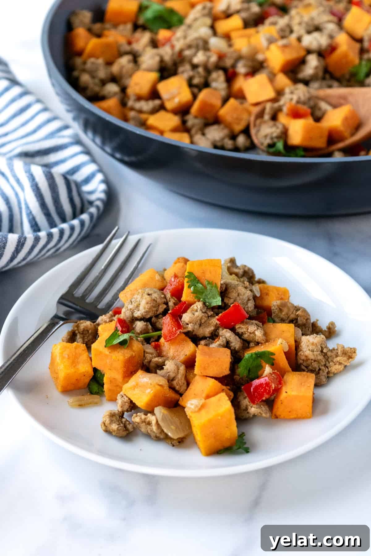 Sweet Potato and Turkey Hash with Spinach & Herbs 6 A serving of Sweet Potato Turkey Hash on a white plate with a fork.