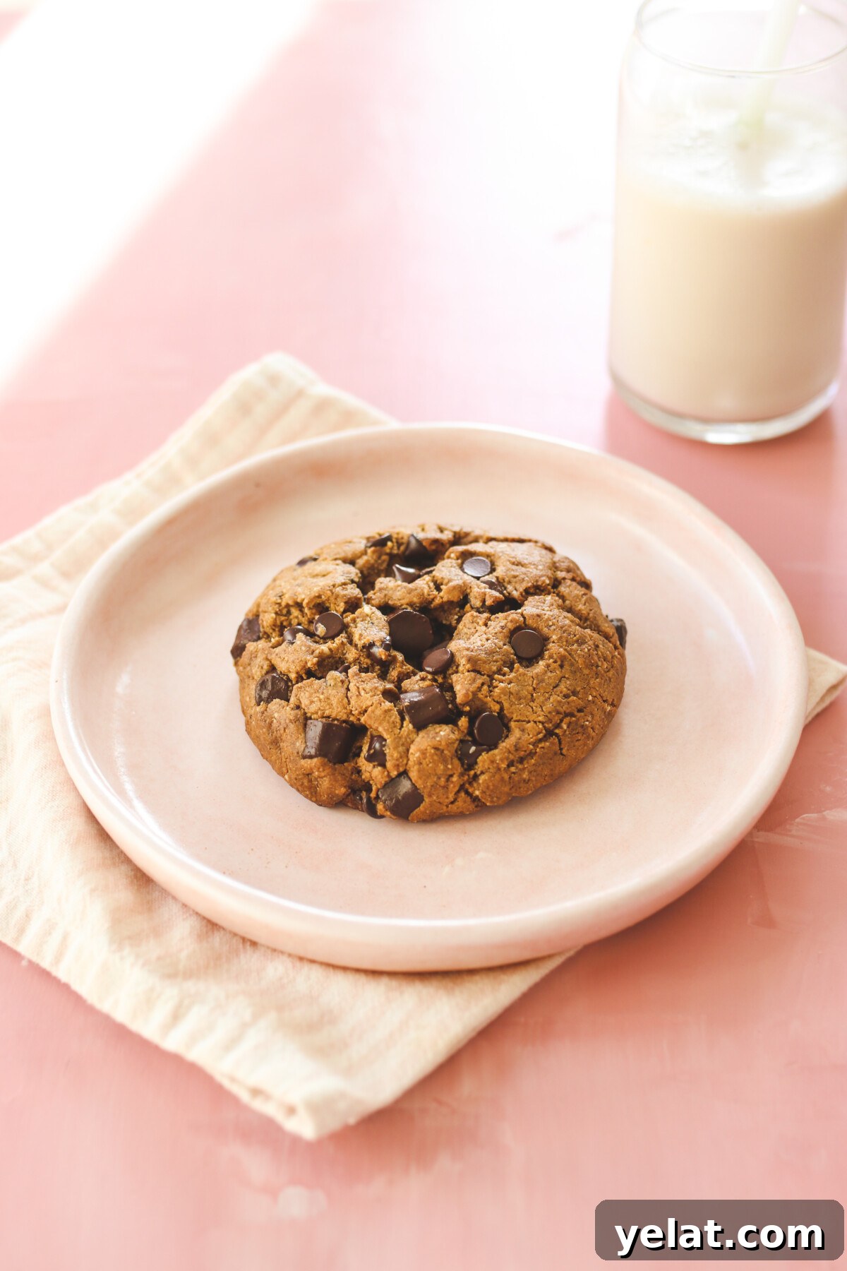 a chocolate chip cookie on a pink plate next to a glass of milk. 
