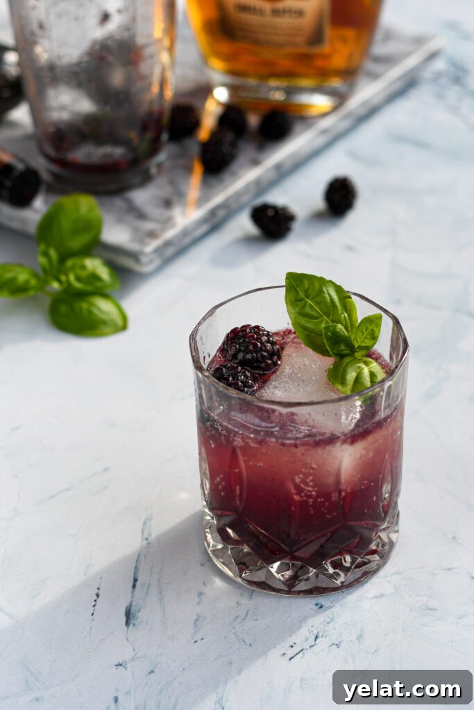Blackberry Bourbon Smash Cocktail Recipe — Refreshing Summer Drink 2 an old fashioned glass filled with a purple blackberry bourbon smash garnished with a large ice cube, blackberries, and basil