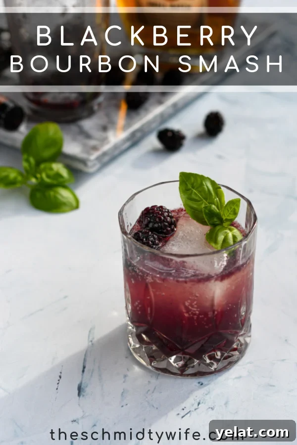 Blackberry Bourbon Smash Cocktail Recipe — Refreshing Summer Drink 3 Pinterest Pin for Bourbon Blackberry Smash Cocktail showing photo of purple drink garnished with basil leaves and fresh blackberries