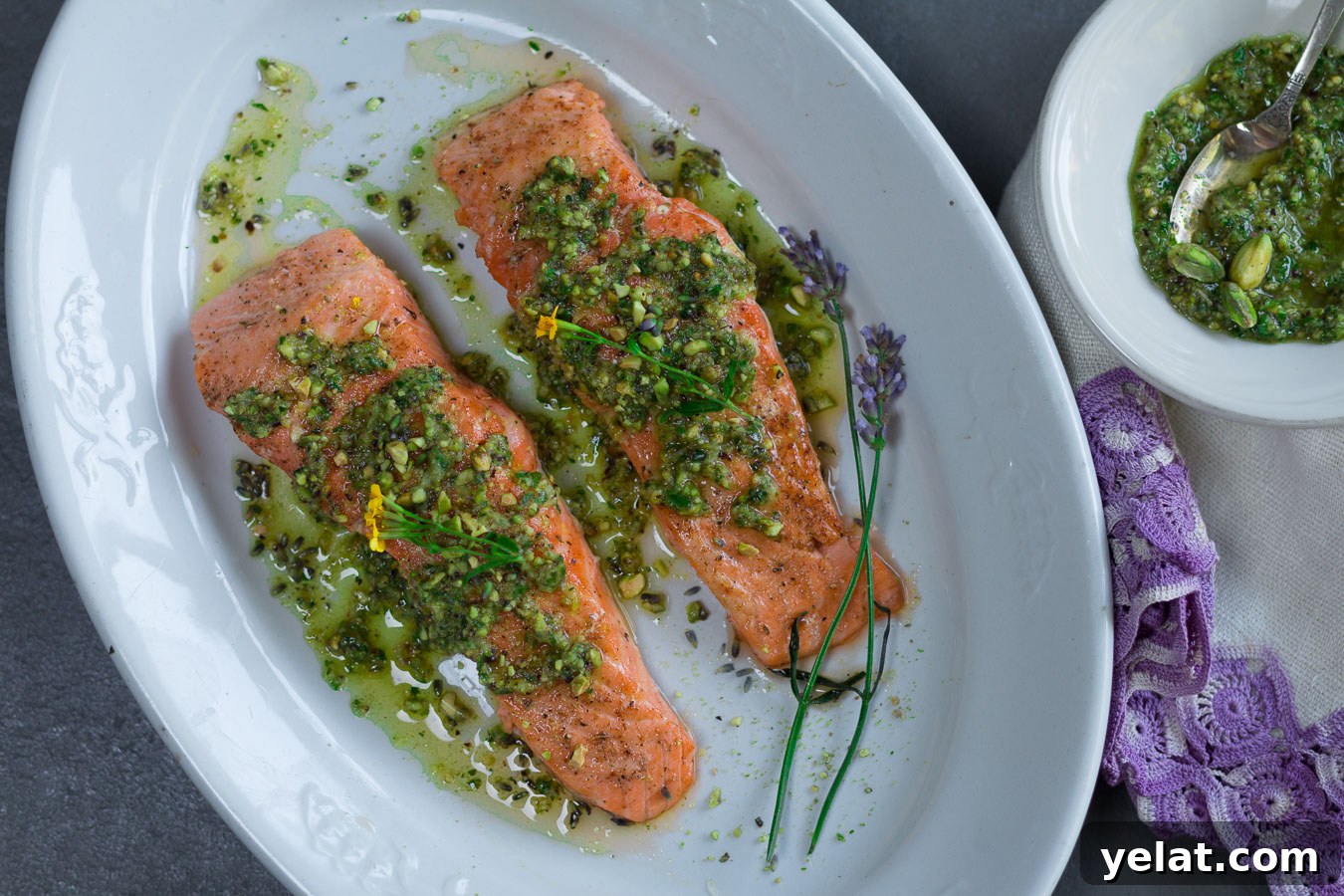 Planked Salmon with Pistachio-Tarragon and Lavender Gremolata 2 Cedar planked king salmon with gremolata