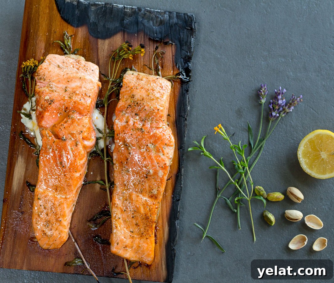 Planked Salmon with Pistachio-Tarragon and Lavender Gremolata 6 Grilled salmon on charred cedar plank
