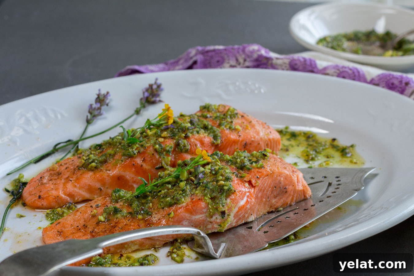 Planked Salmon with Pistachio-Tarragon and Lavender Gremolata 8 Serving of cedar-planked salmon