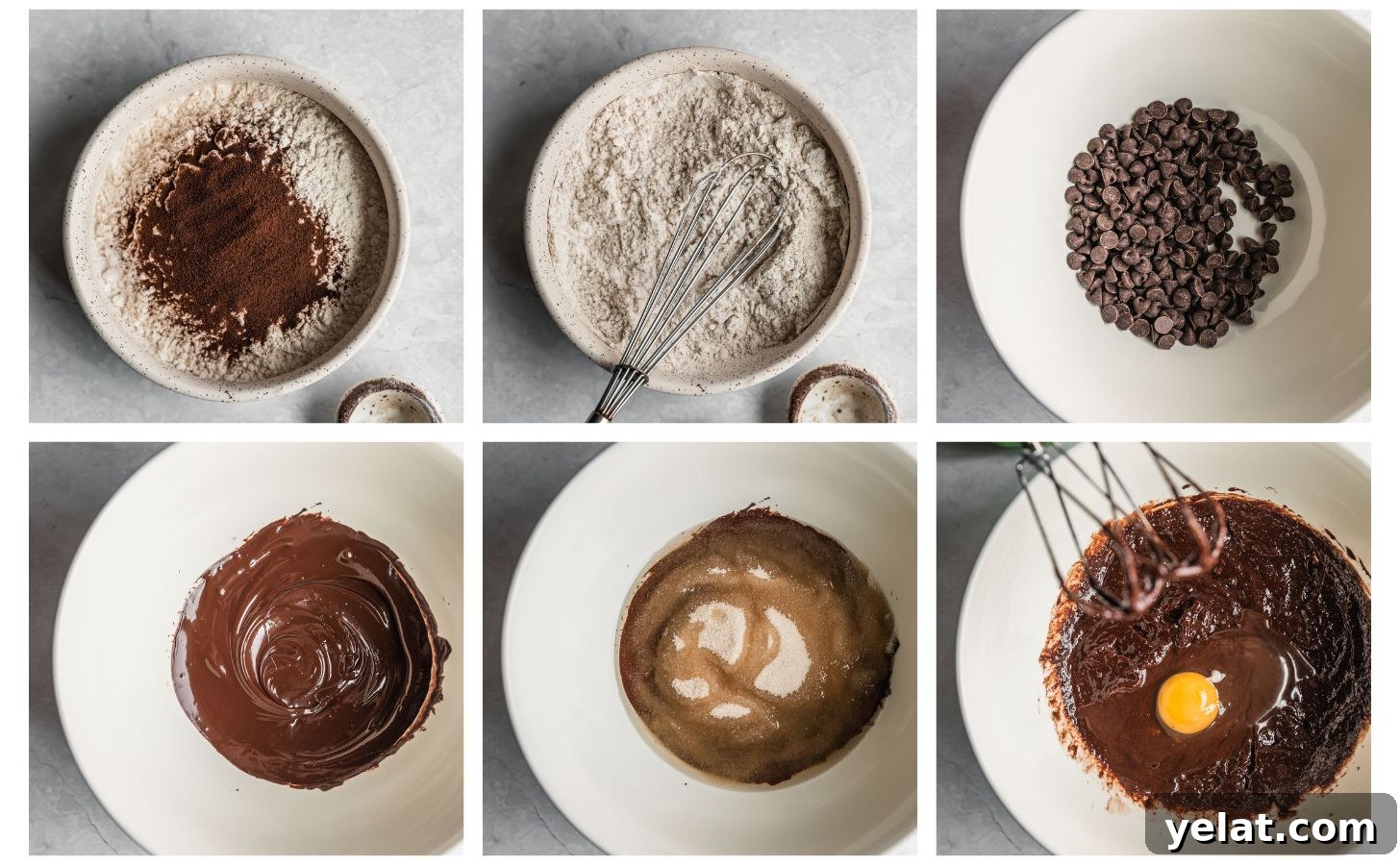 Fudgy Mocha Crinkle Cookies Recipe for Rich Chocolate Coffee Cookies 4 Six steps to making mocha crinkle cookies. In photo 1, a white bowl of flour and espresso powder is on a white counter. In photo 2, the mixture is whisked. In photo 3, a white bowl of chocolate chips is on a white counter. In photo 4, the chocolate is melted. In photo 5, the bowl has sugar and oil in it. In photo 6, the mixture is mixed and has an egg in it.