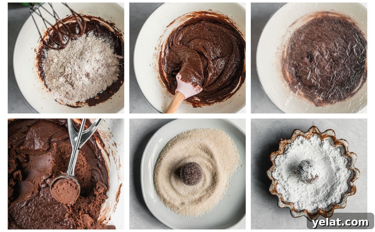 Fudgy Mocha Crinkle Cookies Recipe for Rich Chocolate Coffee Cookies 5 Six steps to making espresso chocolate cookies. In photo 1, a white bowl of chocolate cookie batter is topped with flour. In photo 2, the dough is mixed. In photo 3, the bowl is covered with a bowl cover. In photo 4, the dough is being scooped. In photo 5, a ball of dough is being rolled in a white plate of granulated sugar. In photo 6, the dough ball is being rolled in a brown bowl of powdered sugar.