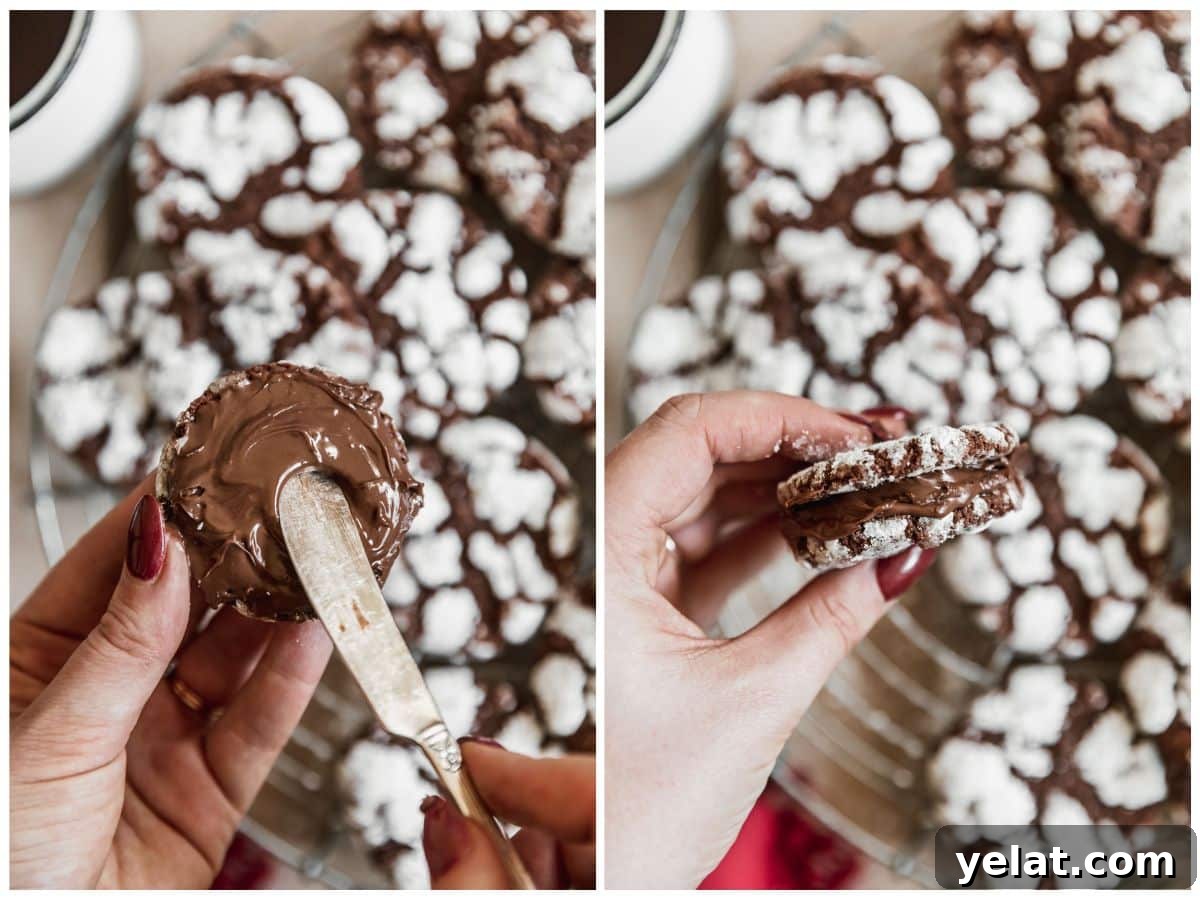 Fudgy Mocha Crinkle Cookies Recipe for Rich Chocolate Coffee Cookies 6 Two photos of making crinkle cookie sandwiches. In photo 1, a hand spreads Nutella on a crinkle cookie over a rack of crinkle cookies. In photo 2, the hand sandwiches another cookie on top.