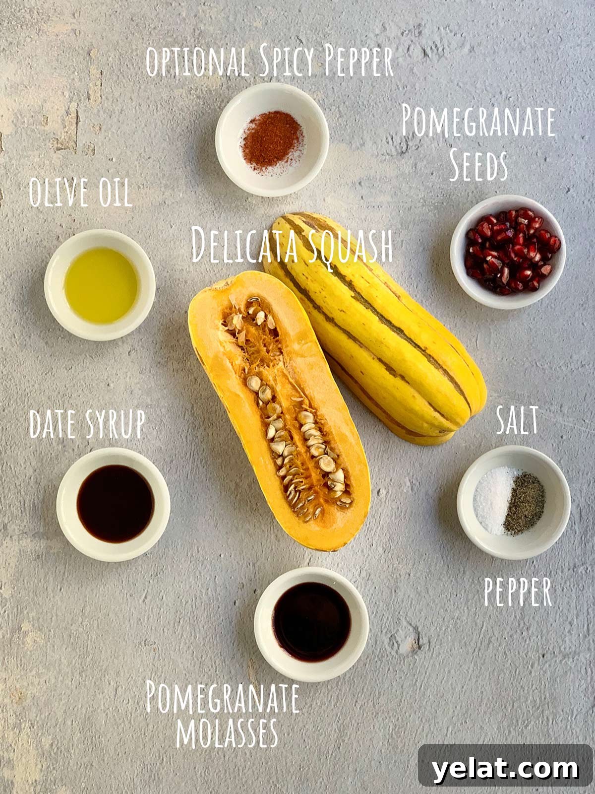 Roasted Delicata Squash with Pomegranate Molasses & Date Syrup 3 Ingredients for recipe including a cut open delicata squash.
