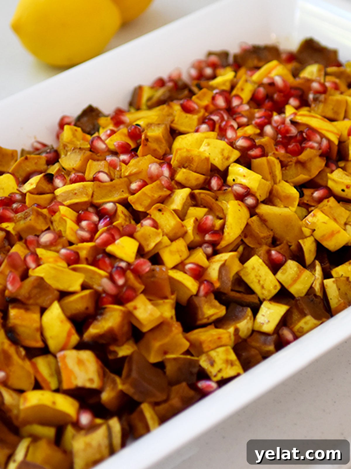 Roasted Delicata Squash with Pomegranate Molasses & Date Syrup 5 A large white plate of cubed roasted delicata squash with pomegranate seeds on top.