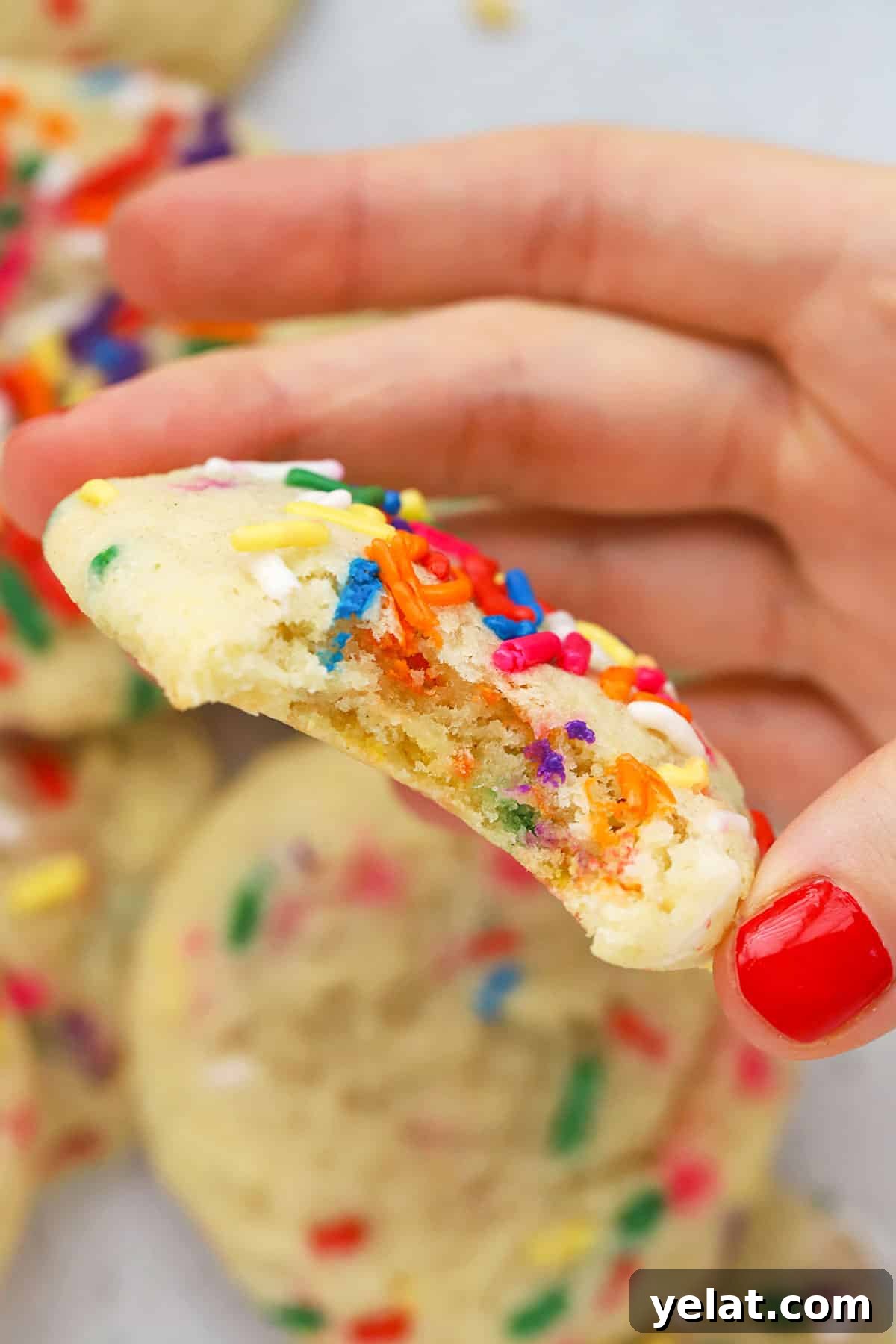 gluten-free sprinkle sugar cookie with a bite taken out of it