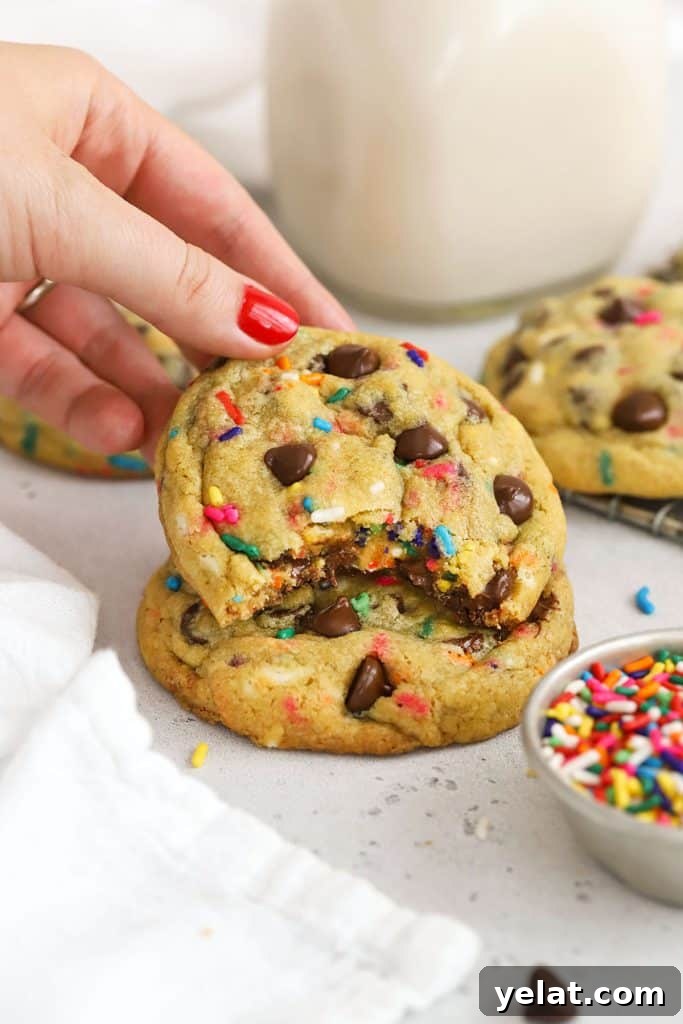 Setting down a gluten-free sprinkle chocolate chip cookie