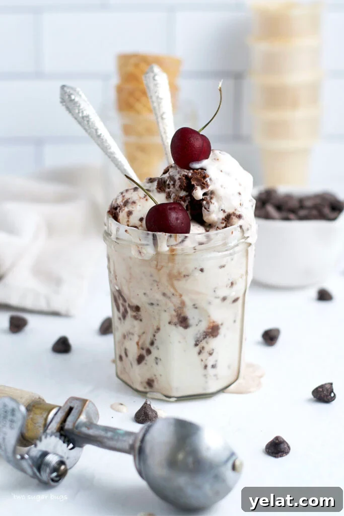 Decadent Brownie Batter Ice Cream Recipe with Fudgy Chunks 3 ice cream in a glass jar with cherries on top