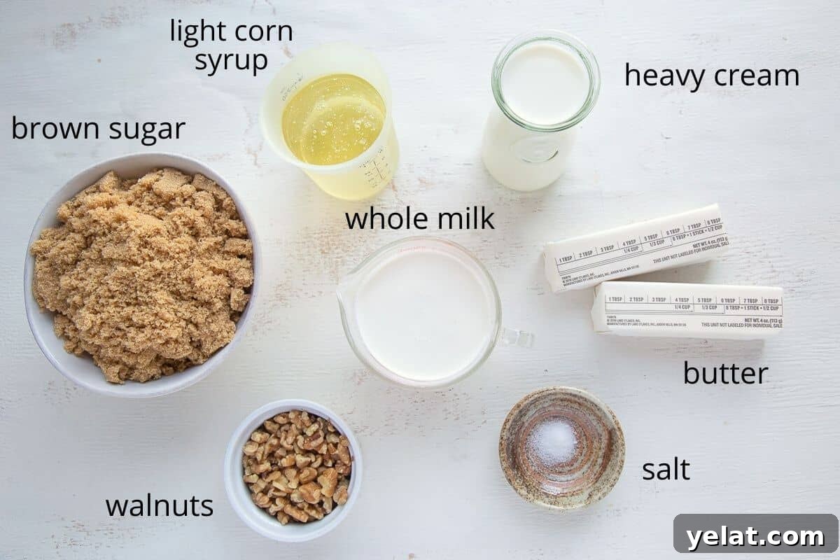ingredients for walnut caramels on a white table.