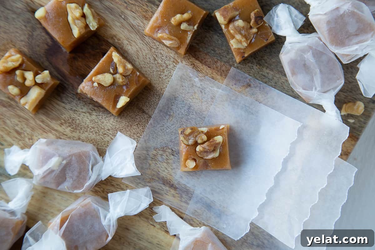caramels wrapped in pieces of wax paper.