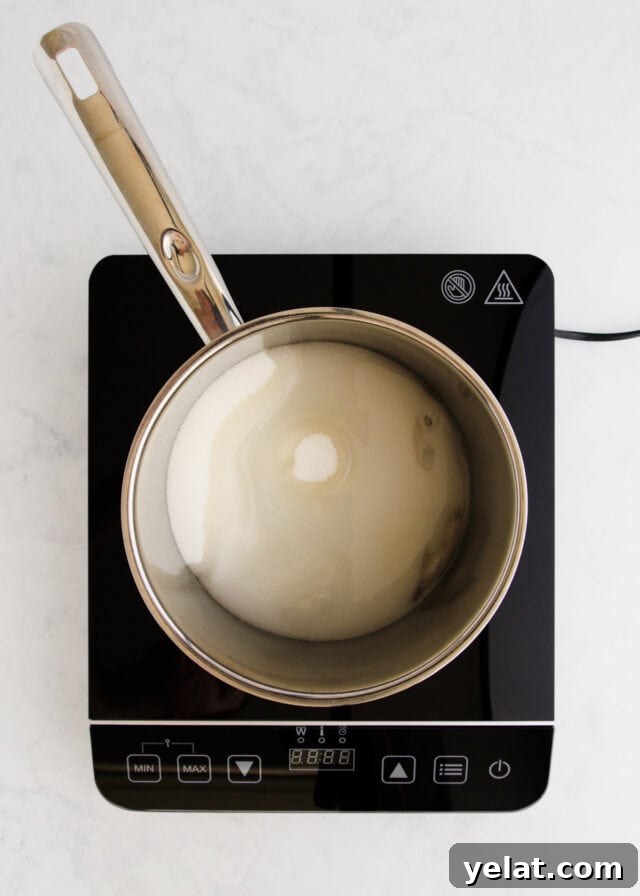 Homemade Rum Caramel Sauce Recipe for Desserts and Drizzling 5 The sugar dissolving in a stainless steel saucepan on a small black induction cooker.
