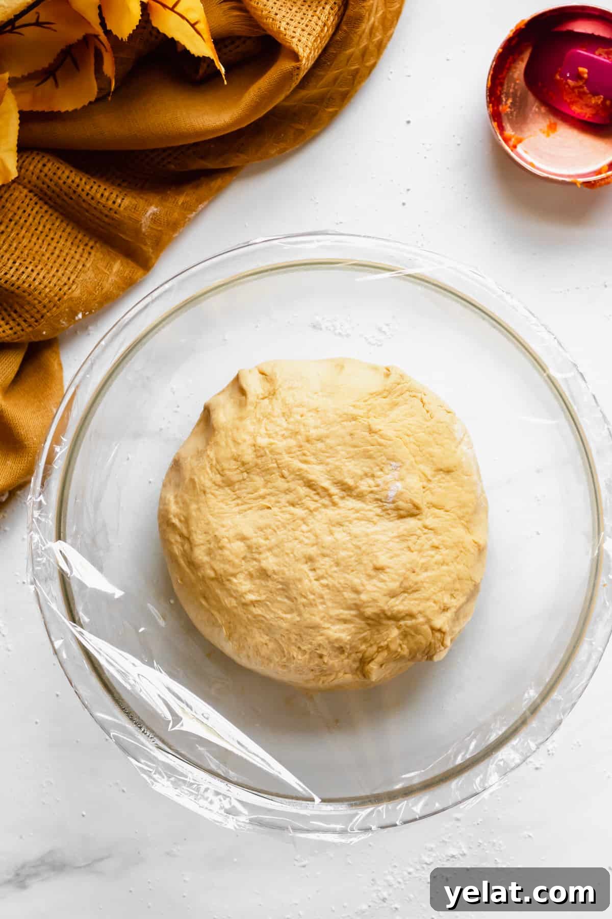 Dough in a bowl with plastic wrap on top ready to rise.