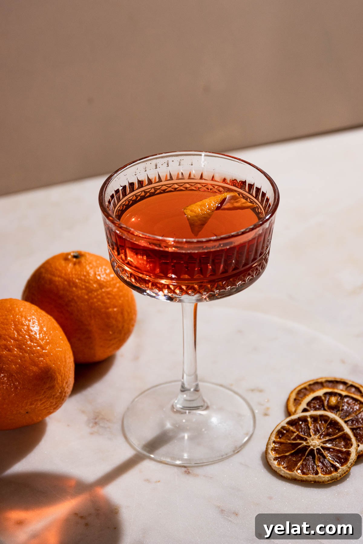 Dried orange slices, fresh oranges, and an orange peel as garnish in an el presidente cocktail in a coupe glass. 