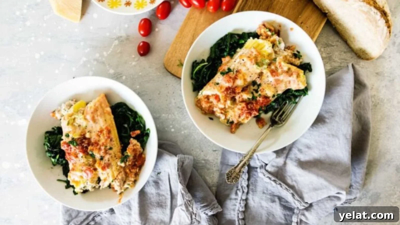 Manicotti stuffed with tender veal and Florentine filling baked until the pasta edges brown and sauce bubbles.