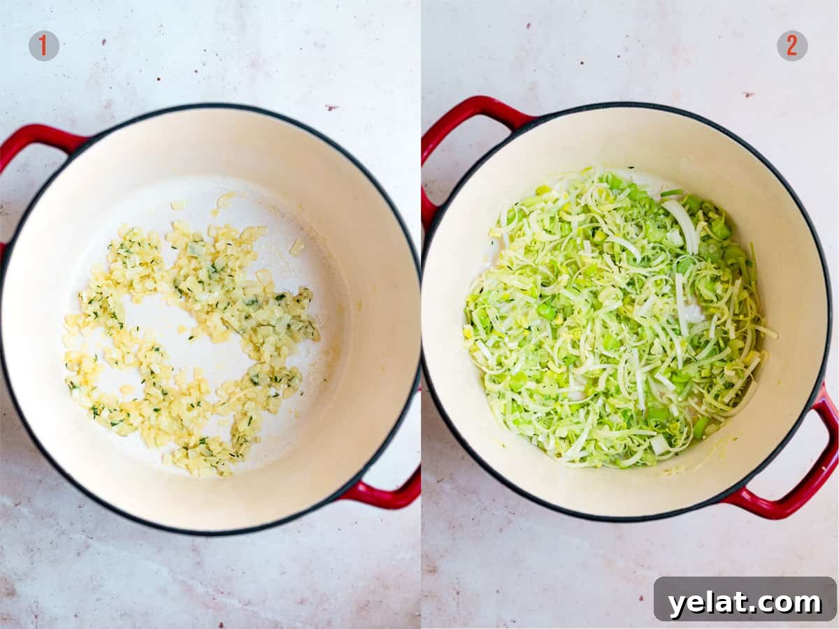 sauteing leeks and onions for chicken and leek soup.
