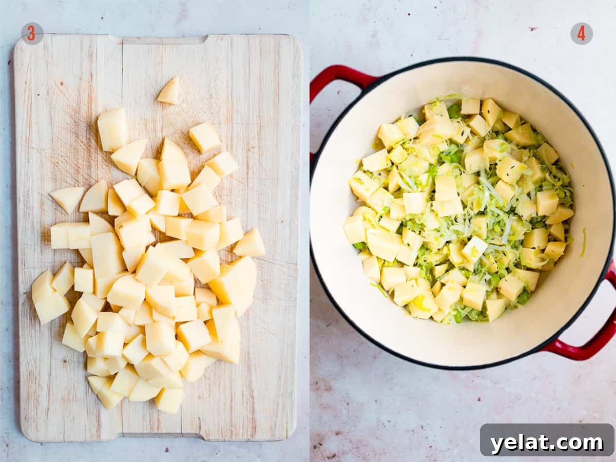 Chunks of potatoes being added to a stock pot.