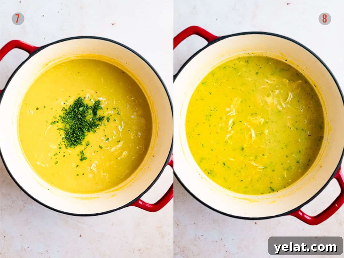 chicken and leek soup with parsley in a stock pot.