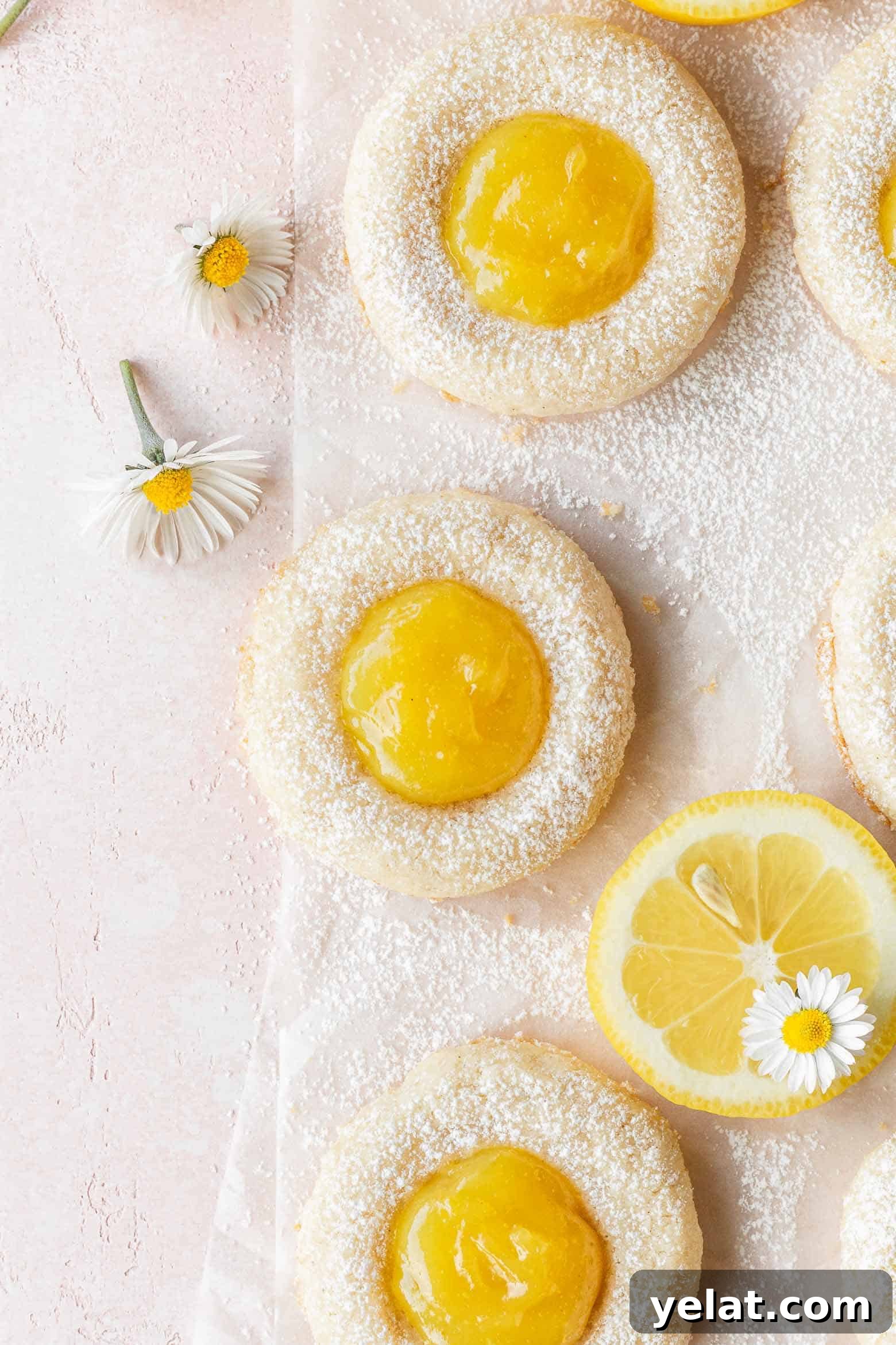 Lemon Curd Thumbprint Cookies — Zesty Homemade Cookie Recipe 9 Lemon curd cookies on a pink surface with small white flowers scattered around.