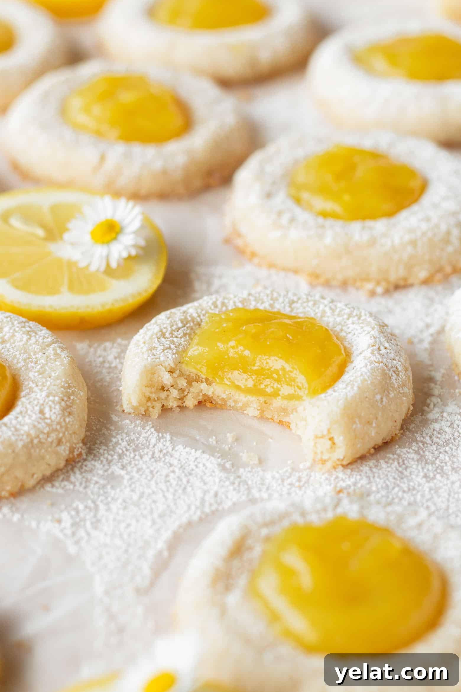 Lemon Curd Thumbprint Cookies — Zesty Homemade Cookie Recipe 10 A bitten lemon thumbprint cookie with many cookies scattered around.