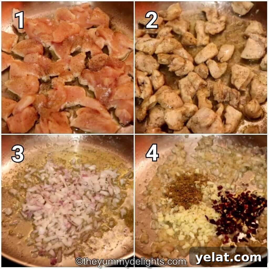 Creamy Tomato Spinach Chicken Pasta Recipe 4 collage of 4 images showing cooking chicken, sauteing onion, and adiition of garlic and herbs.
