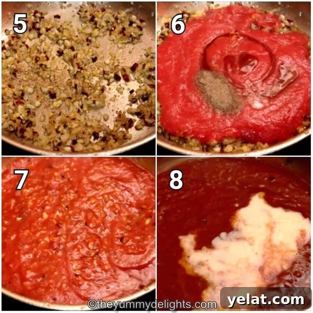 Creamy Tomato Spinach Chicken Pasta Recipe 5 collage of 4 images showing how to make tomato onion spinach pasta. It shows addition of tomato and tomato paste, cooking it and addition of cream.
